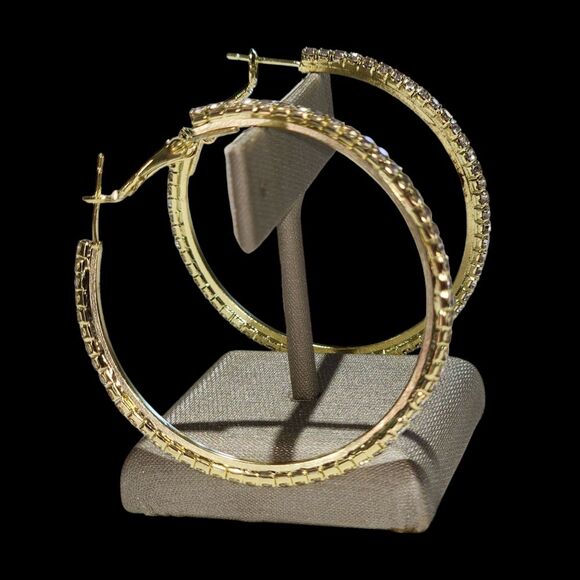 Bohemian Style Gold Plated Round Pave Rhinestone Oversized‎ Hoop Earrings 1.9in - Picture 11 of 16